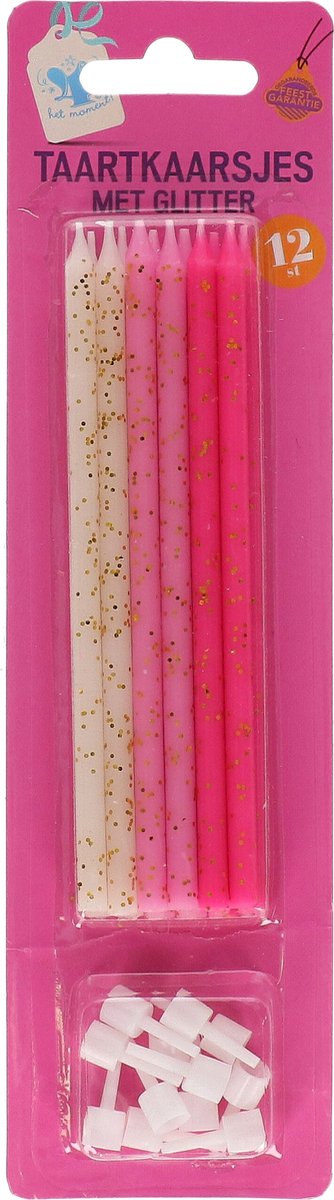 Roze taartkaarsjes met glitters | 12 stuks | Verjaardag kaarsjes | Kinderfeestje | Roze | Glitters